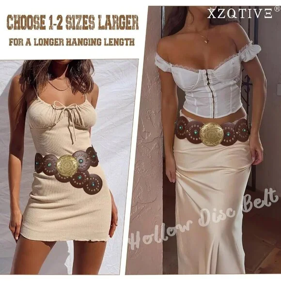 Woman's Western PU Leather Belt Concho Cowgirl Disc Belt For Ladies Wide Boho - Picture 3 of 5